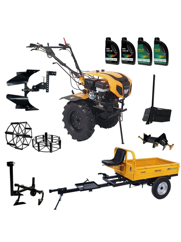 ProGARDEN Pachet Campo 1844 Motocultor 18CP + Remorca RM500C + Plug bilonat + Plug reversibil + Prasitoare + Adaptor + 2 Roti metalice 540x170 + 4L Ulei