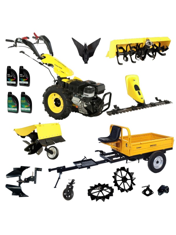 ProGARDEN Pachet Campo U16E Motocultor 14CP + RM500C Remorca 500Kg + BC120M Bara cosire + 3xPlug + FT90 Freza tractata + 2xRoti metalice RM47 + 2xCuple + 4L Ulei