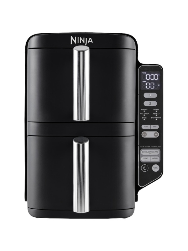 Friteuza cu aer cald Ninja Double Stack SL300, 2470W, 7.6l, 2 sertare suprapuse cu acoperire ceramica, 2 placi grill din inox, negru