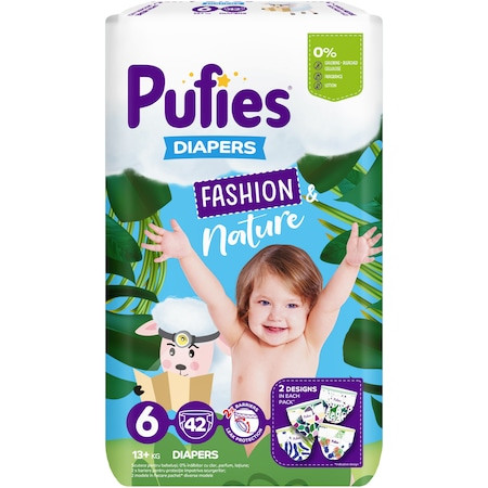 Scutece Pufies Fashion & Nature, Maxi Pack, 6 Extra Large, 13+ kg, 42 buc