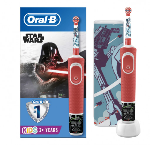 Periuta de dinti electrica Oral-B Vitality Star Wars pentru copii 7600 oscilatii/min, Curatare 2D, 2 programe, 1 capat, 4 stickere incluse, Trusa de calatorie, Rosu