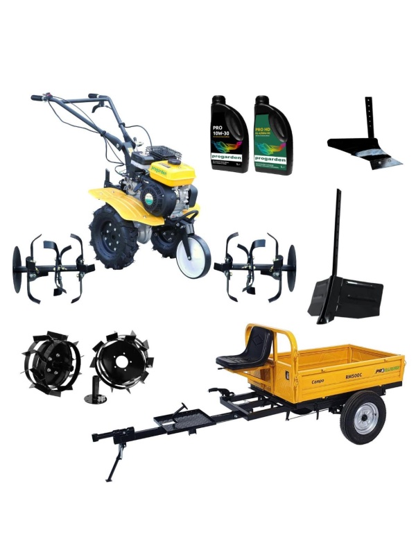 ProGARDEN Pachet Campo 703 Motocultor 7CP + Remorca RM500C + Plug simplu + Plug bilonat/rarita + 2 Roti metalice 350x6 + 2L Ulei