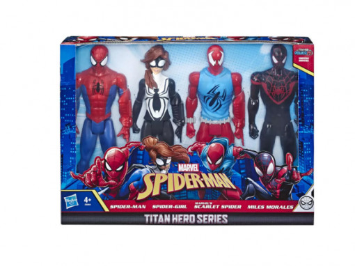 Set 4 Figurine cu 5 Puncte de Articulatie, Titan Hero Series, Spiderman, Spidergirl, Scarlet Spider, Miles Morales, 30 cm