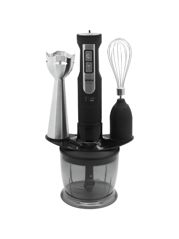 Set blender 3 in 1 Vivax HBS-500X, 500W, 0.6l, 2 viteze, Turbo, lama otel inoxidabil, maner detasabil, tel, suport accesorii, negru/argintiu