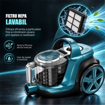 Aspirator fara sac Samus Tornado, 800 W, Recipient 3 L, Filtru HEPA lavabil, Sistem Cyclone, Turcoaz - Img 14