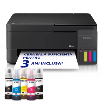 Multifunctional inkjet Epson EcoTank L3310 CISS A4 Color, Scanner, Copiator, USB, 33 ppm, LCD, Sistem Rezervor Cerneala Economic, Negru