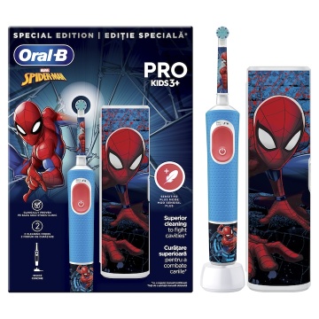 Periuta de dinti electrica Oral-B Pro Kids Spiderman pentru copii, Curatare 2D, 2 programe, 1 capat, 4 autocolante, trusa de calatorie, Albastru - Img 4