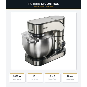 Robot de bucatarie Buntz BMP-2000SL, 2000 W, Bol 10 L Inox, 6 Viteze, Functie Pulse, display Tactil, Mixer, Tocator si Blender, Inox - Img 4