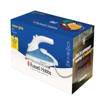 Fier de calcat de voiaj Russell Hobbs 22470-56 Steam Glide, dual voltage 110-240V, talpa inox, abur variabil, Alb/Albastru - Img 4