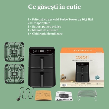 Friteuza cu aer cald COSORI Turbo Tower de 10.8 litri, 2630 W, 7 programe presetate, 30° - 230°C, Tehnologie DC motor, Negru - Img 11
