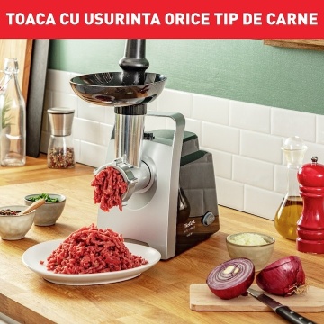 Masina de tocat Tefal 7 in 1 NE108831, 1400 W, 1.7 kg/min, functie reverse, 3 site din inox, 3 cilindrii pentru feliere, accesoriu pentru carnati, Negru - Img 8
