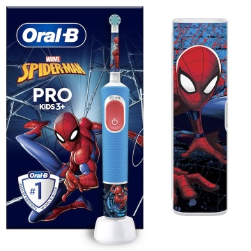 Periuta de dinti electrica Oral-B Pro Kids Spiderman pentru copii, Curatare 2D, 2 programe, 1 capat, 4 autocolante, trusa de calatorie, Albastru