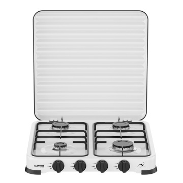 Plita pe gaz Albatros APG41W, 4 arzatoare, GPL, Suprafata emailata, Gratar metalic emailat, Capac de protectie, Utilizare exterior, Alb