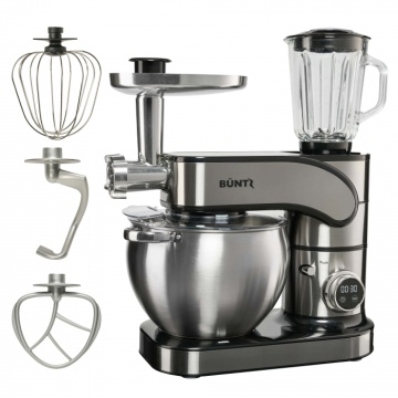 Robot de bucatarie Buntz BMP-2000SL, 2000 W, Bol 10 L Inox, 6 Viteze, Functie Pulse, display Tactil, Mixer, Tocator si Blender, Inox