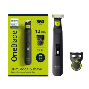 Aparat de tuns parul de pe fata si corp, Philips OneBlade Pro QP6552/15, Acumulator, Autonomie 120 min., Lungime 0, 4-10 mm, Negru