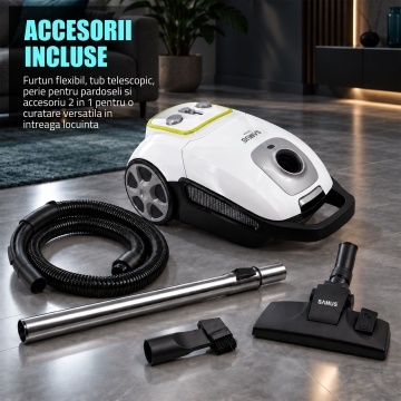 Aspirator cu sac Samus Deluxe, 700 W, Sac textil 3 L, Filtru HEPA lavabil, Cablu 5 m, Alb - Img 12