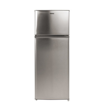 Frigider cu doua usi VIVAX DD-207E X, 204L, Clasa E, Termostat reglabil, Iluminare LED, Usi reversibile, Suprafata painted metal, 3 Rafturi de Sticla securizata, H 143 cm, Inox