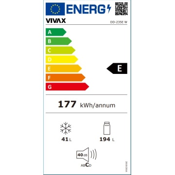 Frigider cu doua usi VIVAX DD-235E W, 235L, Clasa E, Termostat reglabil, Iluminare LED, Usi reversibile, Suprafata painted metal, 4 Rafturi de Sticla securizata, H 160 cm, Alb - Img 7