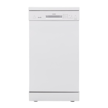 Masina de spalat vase slim VIVAX DW-45942B, 9 Seturi, 4 Programe, Clasa E, Eco, Doua cosuri, Spalare 360°, Intensiv, Quick Wash, Half load, Control electronic cu iluminare LED, Avertizare sare, Protectie overflow, 45cm, Alb