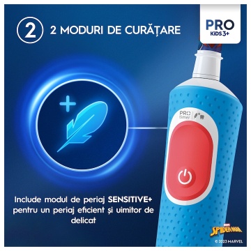 Periuta de dinti electrica Oral-B Pro Kids Spiderman pentru copii, Curatare 2D, 2 programe, 1 capat, 4 autocolante, trusa de calatorie, Albastru - Img 8