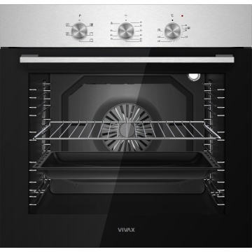 Cuptor incorporabil VIVAX BO-806BFTM X, Electric, Clasa A, Capacitate 80 l, 5 programe + Lumina, Grill, Convectie, Temperatura ajustabila 40–240°C, 2500W, Timer, Ghidaje cromate detasabile, Usa dubla din sticla, Ventilatie tangentiala de racire, Inox