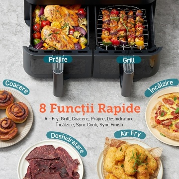 Friteuza cu aer cald Cosori Dual Basket, 8 functii de gatire, 1750 W, 230℃, doua cosuri cu fereastra transparenta, 8.5 litri - Img 7
