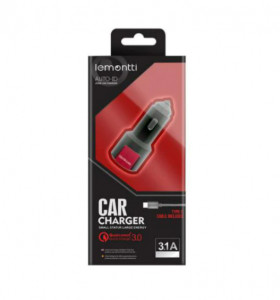 Incarcator auto Lemontti, Dual USB, 3.1A, Qualcomm 3.0, Cablu Type C inclus, Negru - Img 2