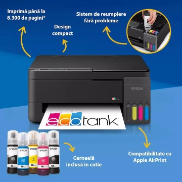 Multifunctional inkjet Epson EcoTank L3310 CISS A4 Color, Scanner, Copiator, USB, 33 ppm, LCD, Sistem Rezervor Cerneala Economic, Negru - Img 2