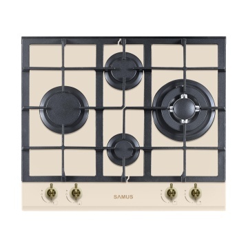 Plita incorporabila Samus PSG-64VG1, 4 arzatoare gaz, Arzator triplu 3.4 kW, Gratare fonta, Design rustic, 58 cm, Sticla bej