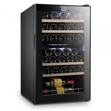 Racitor pentru vin Samus SRV98LMCD, 33 sticle, 88 L, 2 zone de racire, Compresor, 5 rafturi din lemn, 43 dB, Negru