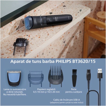Aparat de tuns barba PHILIPS BT3620/15 cu lame cu autoascutire, 40 de setari de lungime, 2 piepteni ajustabili pentru barba (0,5-20 mm), autonomie 70 min - Img 2