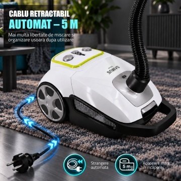Aspirator cu sac Samus Deluxe, 700 W, Sac textil 3 L, Filtru HEPA lavabil, Cablu 5 m, Alb - Img 9