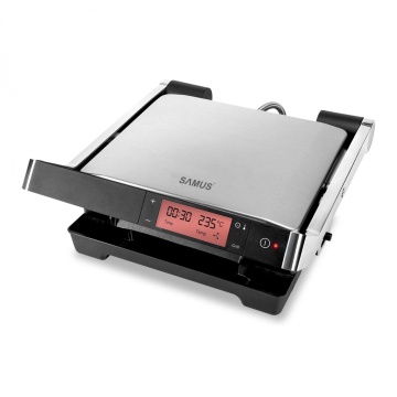 Grill electric Samus GTS2030ACX, 2000 W, Ecran digital, 70-235°C, Timer 30 min, Deschidere 180°, Placi detasabile, Inox
