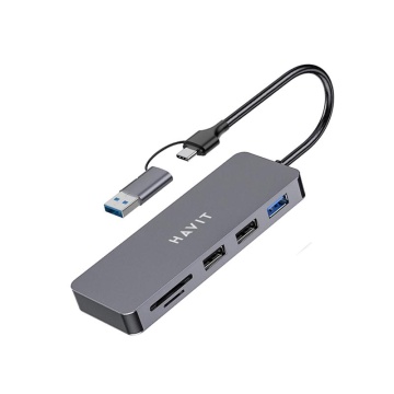 Hub USB-C multiplu 5 in 1 HAVIT HV-H41, 3 USB A, 2 SD card slot, 110 x 40 x 12 mm, Viteza transfer date 5 Gbps, Gri Argintiu - Img 2
