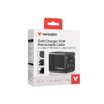 Incarcator Verbatim GaN 65W cablu retract EU/UK/US1 x USB-C PD 65W, 1 x USB-A QC 3.0 - Img 3
