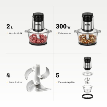 Tocator Electric BUNTZ, BFC-300S, Bol din Sticla 2L, 4 Lame din Otel Inoxidabil, 300W, Protectie la Supraincalzire, Tocator pentru Carne, Legume, Fructe, Argintiu - Img 4