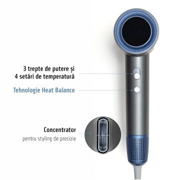 Uscator de par profesional Heinner HHD-H17DBLDC-GY, Motor BLDC, 1700 W, Tehnologie heat balance, Display, 3 trepte de putere, 4 setari de temperatura:25-96℃, Ionizare, Concentrator magnetic, Protectie filtru detasabil, Gri - Img 3