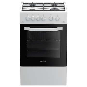 Aragaz Arctic AGM5511DTTL, 4 arzatoare, Gaz, Aprindere electrica plita/cuptor, Safety Plus, Grill, Timer, Arzatoare cu eficienta ridicata, 50 cm, Alb