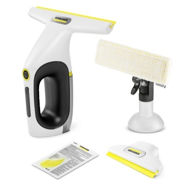 Aspirator pentru geamuri Karcher WV 2, autonomie 35 min, rezervor 120 ml, recipient pulverizator cu laveta, duza lata, duza ingusta, incarcator, 1.633-672.0, Alb