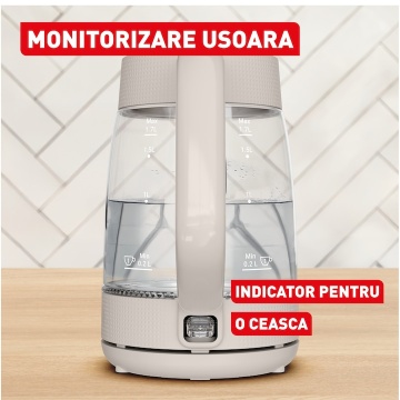 Fierbator electric Tefal Morning KO2G0BE0, 2000 W, 1.7 L, sticla, filtru anticalcar, baza rotativa, oprire automata, Crem - Img 3