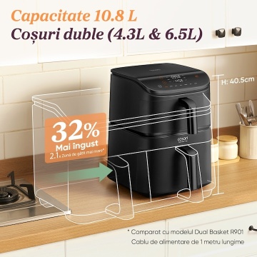 Friteuza cu aer cald COSORI Turbo Tower de 10.8 litri, 2630 W, 7 programe presetate, 30° - 230°C, Tehnologie DC motor, Negru - Img 9
