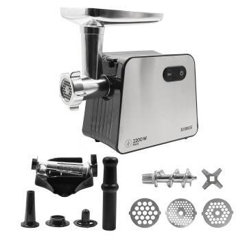 Masina de tocat Samus SMT2200X, 2200 W, 1,8 kg/min, Functie Revers, 3 site, Accesoriu rosii si carnati, Negru/Inox