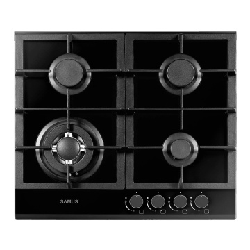 Plita incorporabila Samus PSG-64SG1, 4 arzatoare gaz, Arzator triplu 3,4 kW, Gratare fonta, Latime 58 cm, Sticla neagra