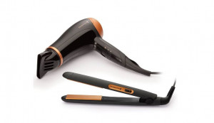 Set placa de indreptat parul + uscator de par Remington D3012GP invelis ceramic 2000W Negru Auriu - Img 3