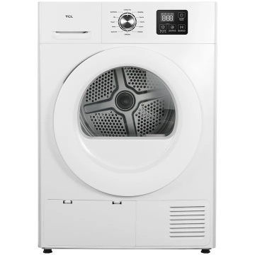 Uscator de rufe TCL DF0816WE0, Pompa de caldura, 8 kg, 12 programe, Clasa E, Display LED, Quick Dry, Gentle Dry, Indicator curatare filtru de scame, Blocare acces copii, Alb