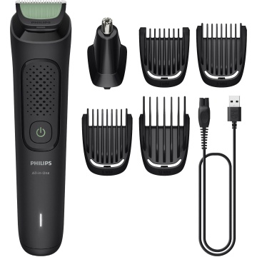 Aparat de tuns 6‑în‑1 Philips All‑in‑One Trimmer 3000 MG3915/15, lame din oțel inoxidabil, autonomie 60 min, funcționare fără fir, negru