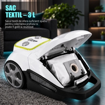 Aspirator cu sac Samus Deluxe, 700 W, Sac textil 3 L, Filtru HEPA lavabil, Cablu 5 m, Alb - Img 11