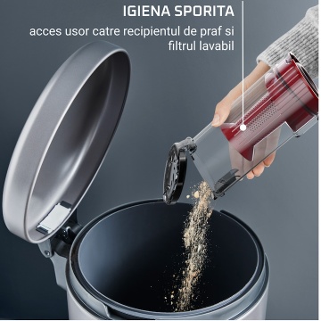 Aspirator vertical fara fir Rowenta X-Pert 7.60 RH6A73WO, 140W, autonomie 45 minute, filtrare 99%, recipient praf 0.44 L, perie cu LED, statie de incarcare cu suport accesorii, rosu & negru - Img 10