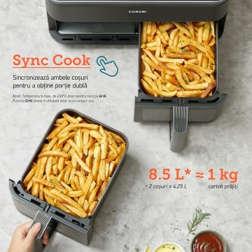 Friteuza cu aer cald Cosori Dual Basket, 8 functii de gatire, 1750 W, 230℃, doua cosuri cu fereastra transparenta, 8.5 litri - Img 8