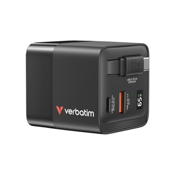 Incarcator Verbatim GaN 65W cablu retract EU/UK/US1 x USB-C PD 65W, 1 x USB-A QC 3.0